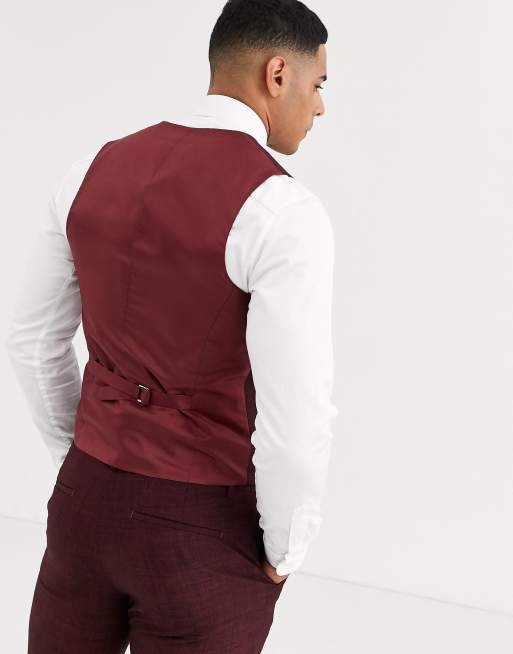 ASOS DESIGN – Bröllop – Vinröd kostymväst i crosshatchmönster och extra smal passform, 2 av 4