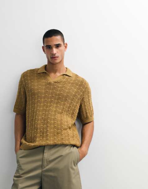 ASOS DESIGN – Bronsfärgad, hålstickad pikétröja i oversize med textur - view 1