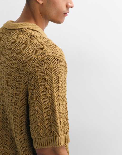 ASOS DESIGN – Bronsfärgad, hålstickad pikétröja i oversize med textur, 2 av 9