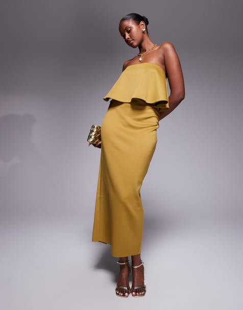 ASOS DESIGN – Bronsfärgad midiklänning i scubaliknande tyg och peplum-modell med bandeau-ringning - view 1