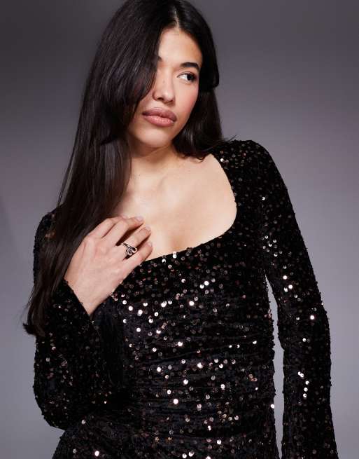 ASOS DESIGN – Bronsfärgad, paljettprydd miniklänning i sammet med fyrkantig ringning, 4 av 4