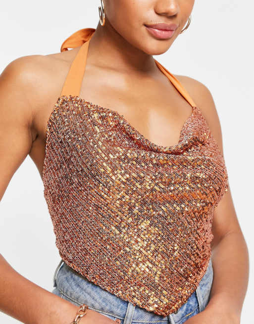 ASOS DESIGN - Bronzefarvet cami med vandfaldsudskæring og pailletter i tørklæde-stil, 3 af 4