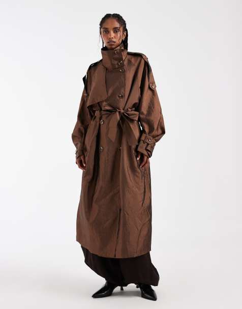 ASOS DESIGN - Bronzefarvet longline-trenchcoat med ståkrave i taft - view 1