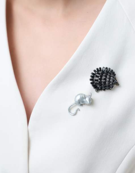 ASOS DESIGN brooch pack with detailed crystal hedgehog and rat - view 1