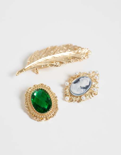 ASOS DESIGN brooch pack with multi vintage design stone set with XL gold feather brooch, 2 of 3