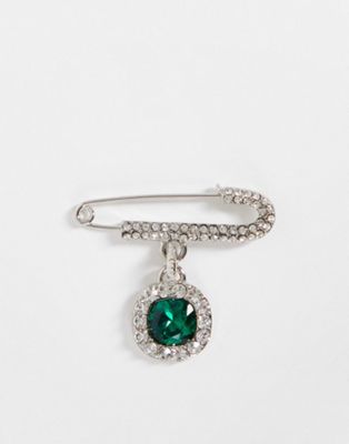 ASOS DESIGN wedding brooch with diamantes and green crystal jewel