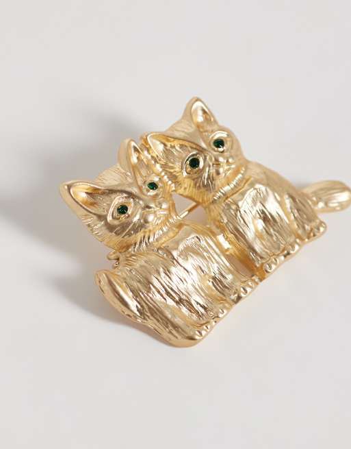 ASOS DESIGN Brooch with double cat's with bowties in gold tone, 2 of 3