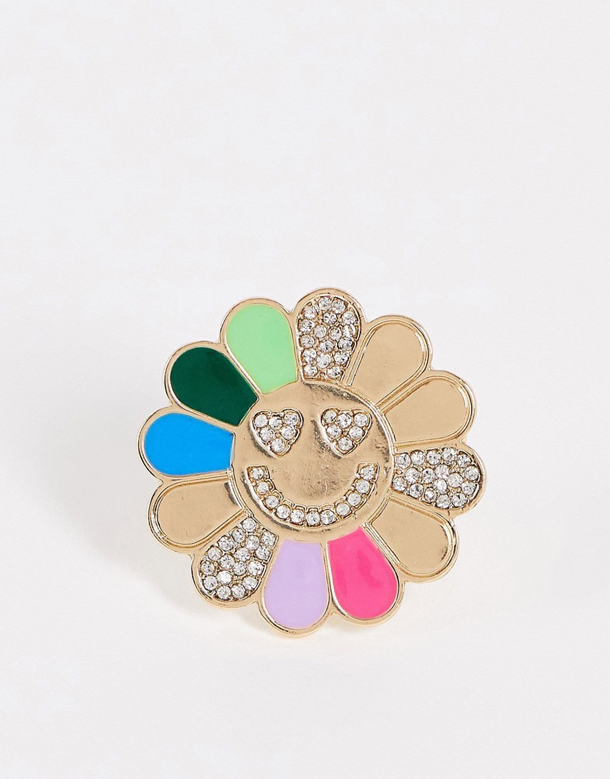 Asos Design Brooch With Flower Design And Crystal Detail In Gold Tone