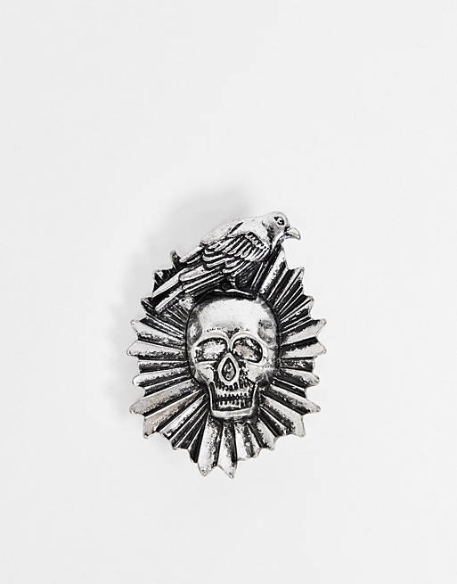 ASOS DESIGN brooch with skull and crow design in burnished silver tone