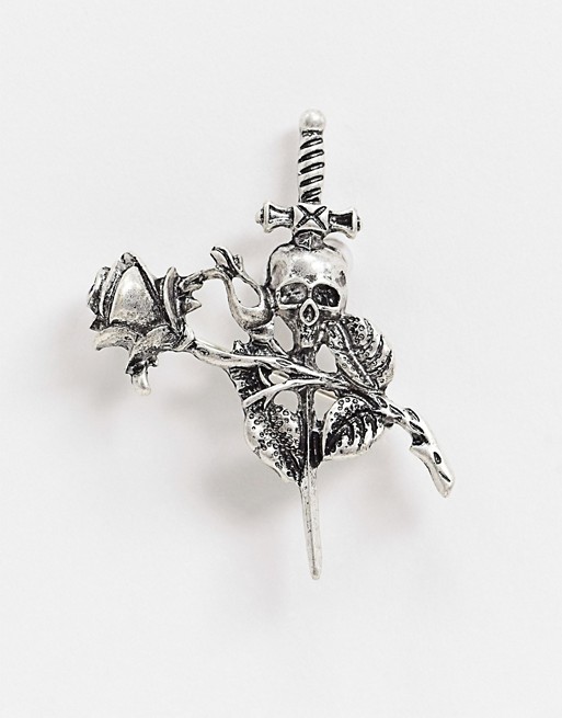 ASOS DESIGN brooch with skull and rose detail in burnished silver tone