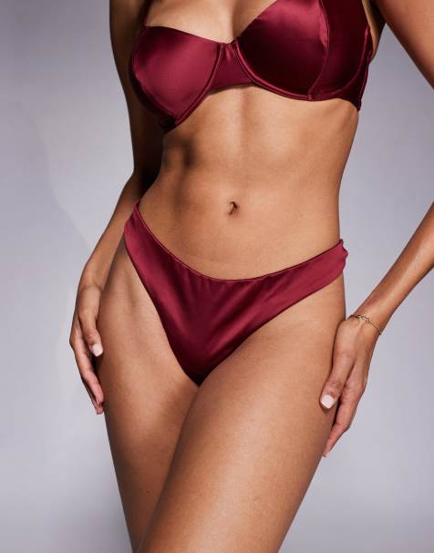 ASOS DESIGN Brooke clean satin and mesh high leg thong in burgundy - view 1