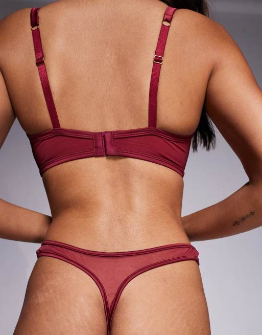 ASOS DESIGN - Brooke - Minimalistische hoogopgesneden string van satijn en mesh in bordeauxrood, 3 van 4