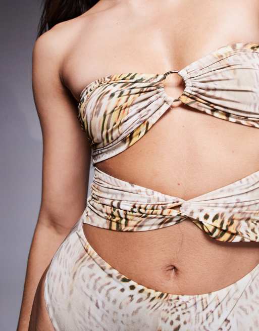 ASOS DESIGN Brooke twist front bandeau swimsuit with hardware in leopard print, 3 of 4