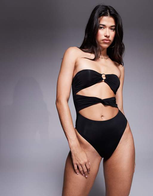 ASOS DESIGN Brooke twist front bandeau swimsuit with removable pads in black, 2 of 4