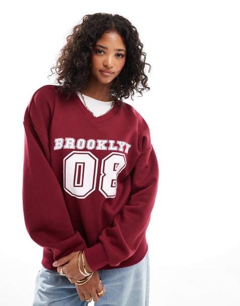 ASOS DESIGN Brooklyn applique graphic oversized sweatshirt in burgundy - view 1