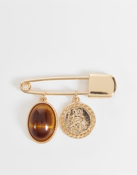 ASOS DESIGN Brosche mit Tigerauge-Optik, Münze und Sicherheitsnadel in Gold - view 1