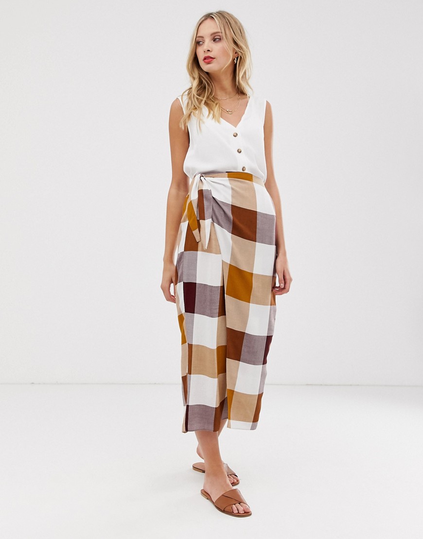 ASOS DESIGN brown check tie side city maxi skirt-Multi