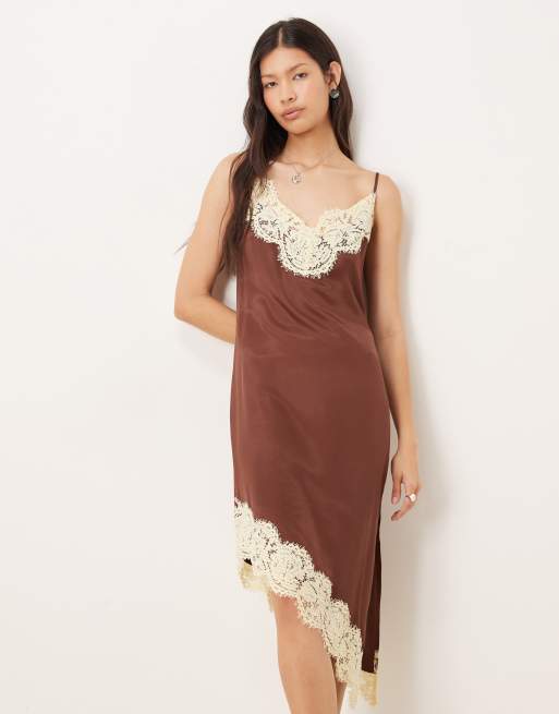 ASOS DESIGN brown lace bodice cami asymmetric satin mini dress in brown, 2 of 4