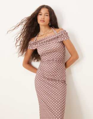 ASOS DESIGN brown spot halter maxi dress in brown.