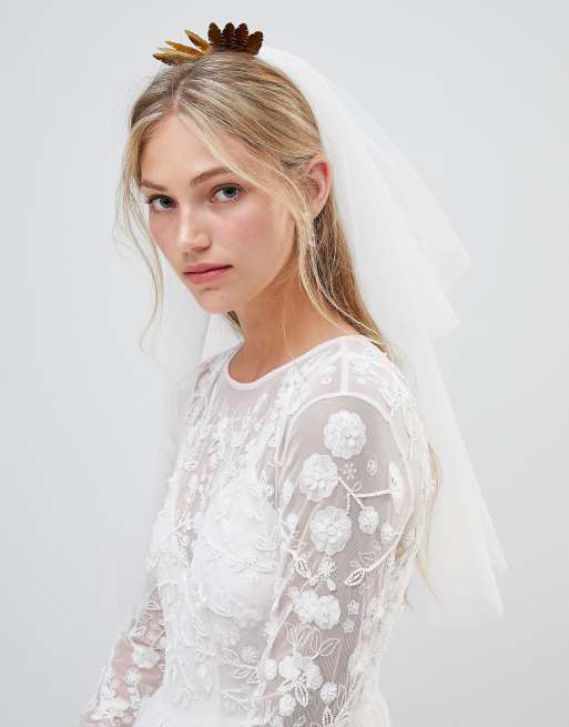 ASOS DESIGN – Brud – Slöja dekorerat med löv i metall och kristallpärlor 