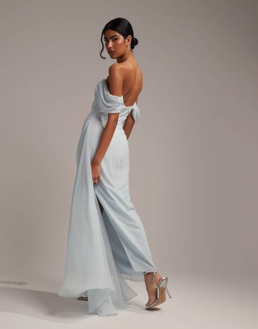 ASOS DESIGN - Brudepiger - Draperet bardot-midaxi-kjole i lyseblå, 3 af 5