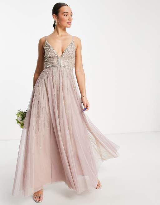 ASOS DESIGN - Brudepiger - Gråbrun cami-maxikjole med perleudsmykket overdel og skørt i tyl