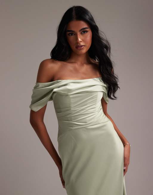 ASOS DESIGN - Brudepiger - Lysegrøn bardot-maxikjole i satin, 2 af 5