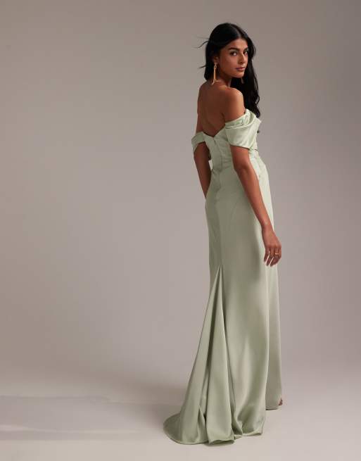 ASOS DESIGN - Brudepiger - Lysegrøn bardot-maxikjole i satin, 3 af 5