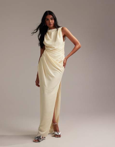 ASOS DESIGN - Brudepiger - Lysegul maxikjole i crepe-stof med draperet overlag - view 1