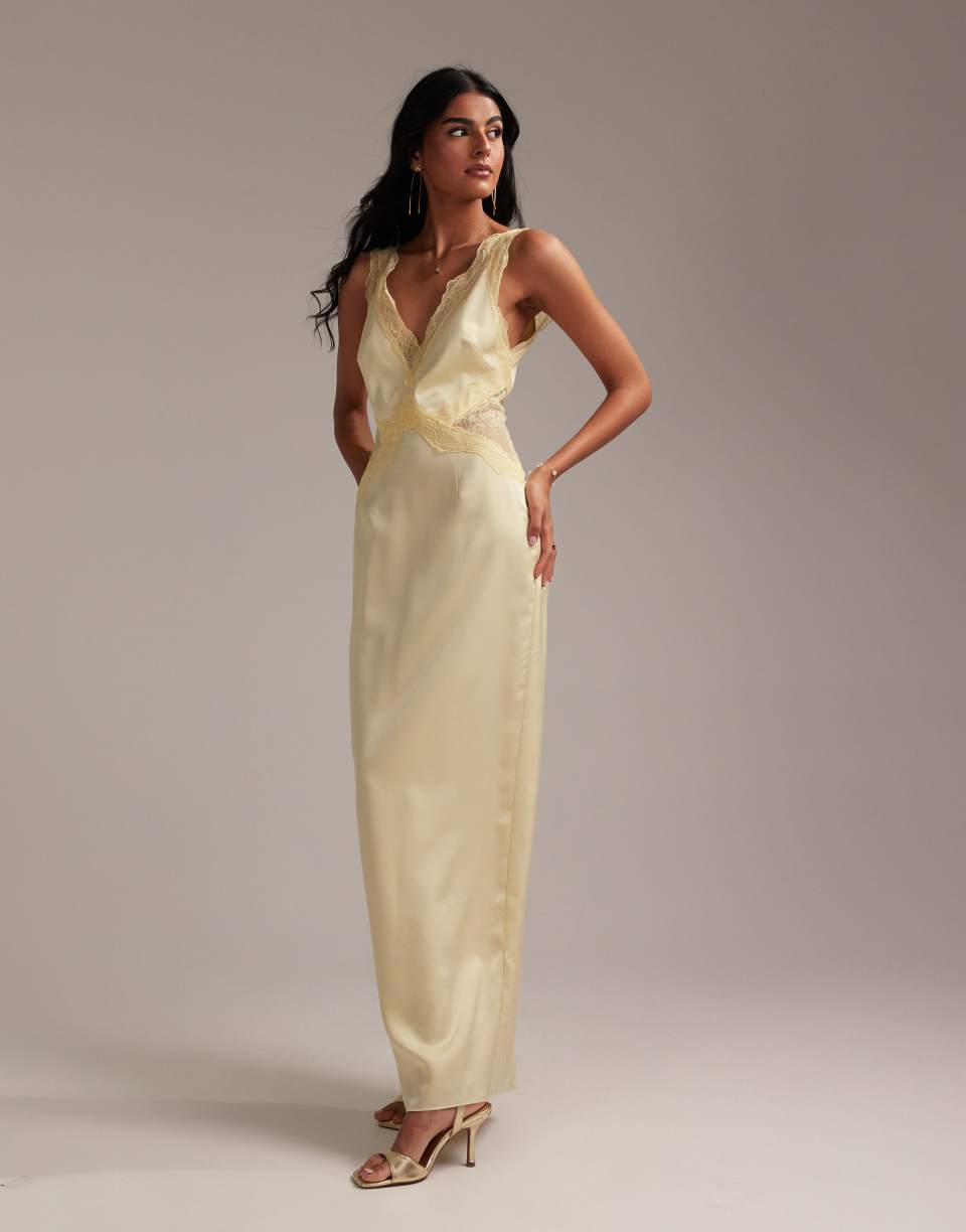 Pale Yellow Satin Maxi Dress
