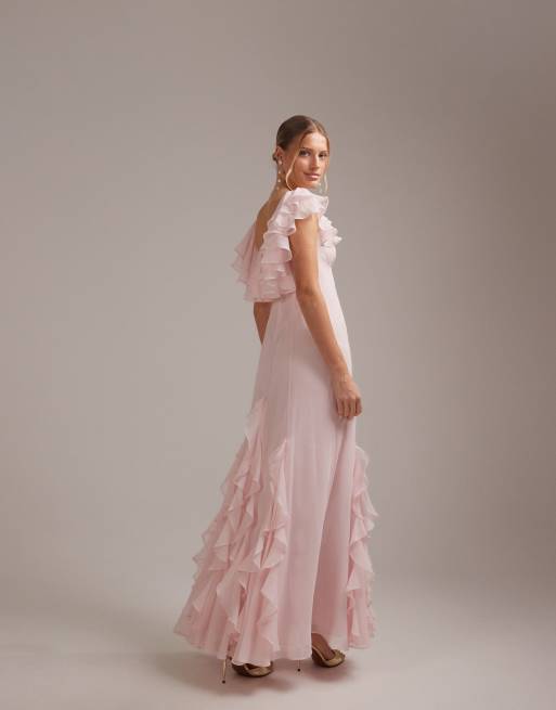 ASOS DESIGN - Brudepiger - Lyserød bardot-maxikjole med flæser i chiffon, 3 af 5