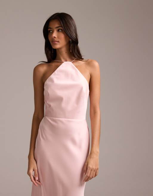 ASOS DESIGN - Brudepiger - Lyserød halterneck-maxikjole i satin med halstørklædedetalje, 4 af 5