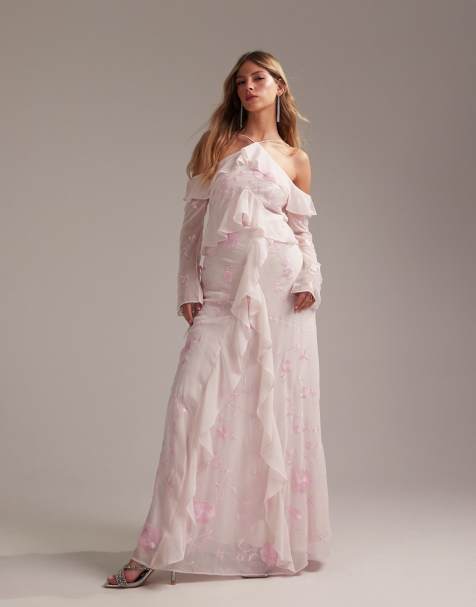 ASOS DESIGN - Brudepiger - Lyserød maxikjole med cold shoulder-snit og flæser - view 1