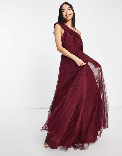 ASOS DESIGN - Brudepiger - Okseblodsfarvet offshoulder-maxikjole med plisseret skørt i tyl, 2 af 4