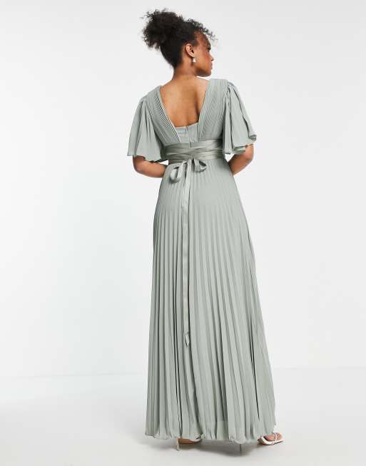 ASOS DESIGN - Brudepiger - Plisseret maxikjole med flagrende ærmer og slå-om-tajlebånd i satin, 2 af 4
