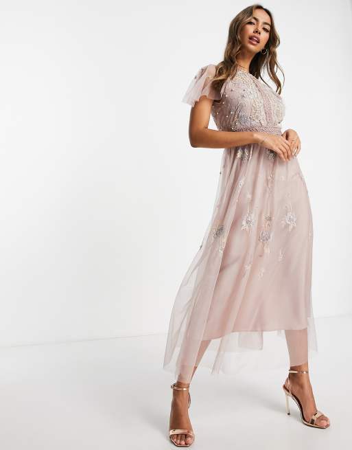 ASOS DESIGN - Brudepiger - Rosa langærmet midikjole med perleudsmykning og blomsterbroderi