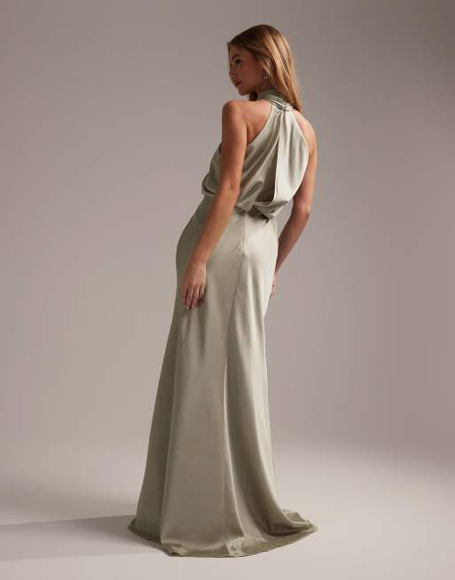 ASOS DESIGN - Brudepiger - Rynket og salviegrøn maxikjole i satin med halterneck , 3 af 5
