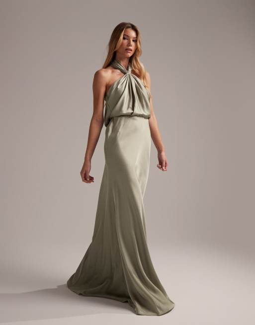 ASOS DESIGN - Brudepiger - Rynket og salviegrøn maxikjole i satin med halterneck , 5 af 5