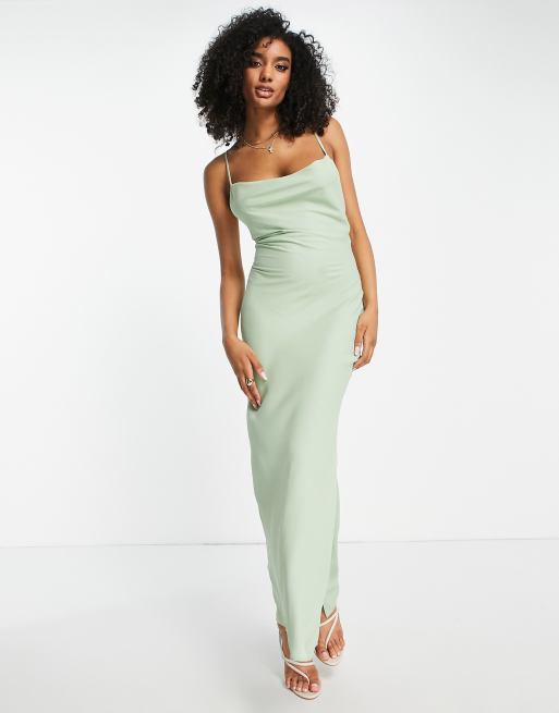 ASOS DESIGN - Brudepiger - Salviegrøn maxi-slip-kjole i satin med snører på ryggen