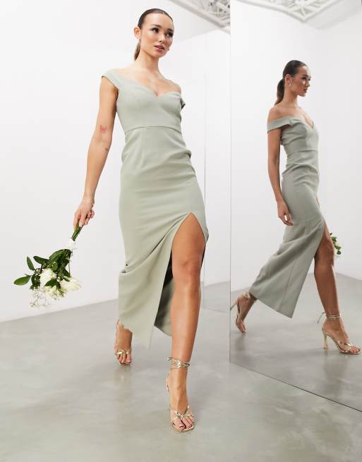 ASOS DESIGN - Brudepiger - Salviegrøn maxikjole i crepemateriale med bardotsnit og slids samt søjlesnit , 4 af 4