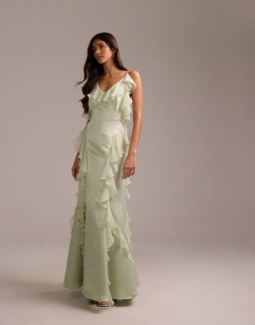 ASOS DESIGN - Brudepiger - Salviegrøn maxikjole i satin med chiffonflæser og kileskørt, 3 af 5