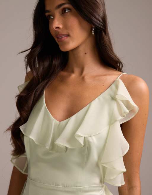 ASOS DESIGN - Brudepiger - Salviegrøn maxikjole i satin med chiffonflæser og kileskørt, 4 af 5