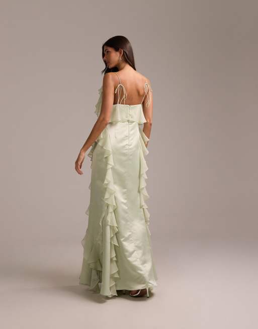 ASOS DESIGN - Brudepiger - Salviegrøn maxikjole i satin med chiffonflæser og kileskørt, 5 af 5