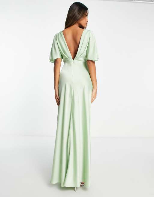 ASOS DESIGN - Brudepiger - Salviegrøn maxikjole med knapper og kappeærmer i satin, 2 af 4