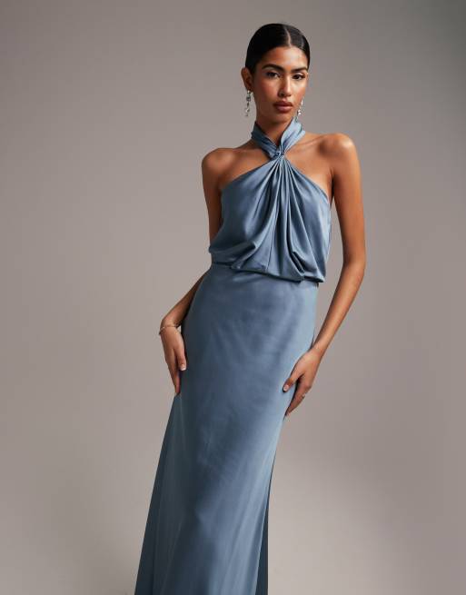 ASOS DESIGN - Brudepiger - Støvet blå maxikjole i satin med rynket halterneck, 2 af 5