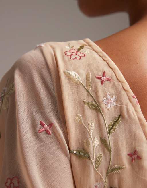 ASOS DESIGN – Brudtärnor – Aprikosfärgad midi-omlottklänning med utsvängda ärmar och broderi, 5 av 5