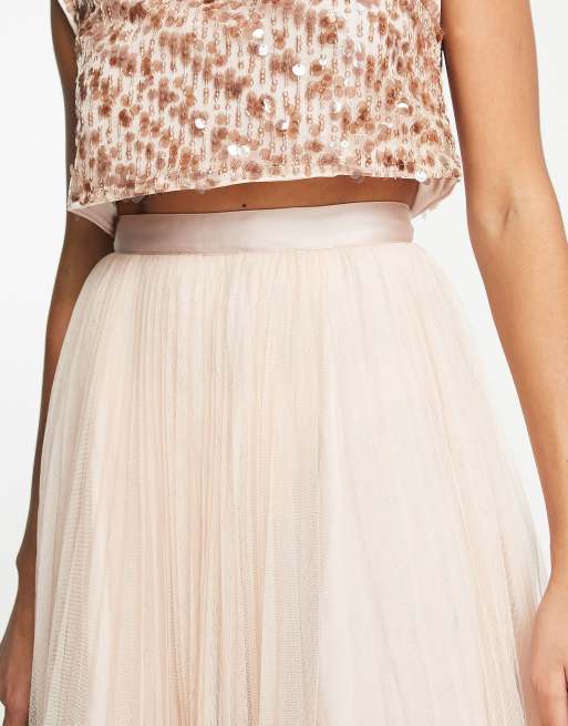 ASOS DESIGN – Brudtärnor – Champagnefärgad plisserad maxikjol i tyll med band i midjan, del av set, 2 av 4