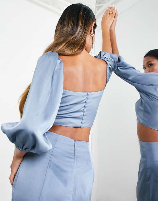 ASOS DESIGN – Brudtärnor – Dimblå crop top i satin med puffärmar, del av set, 2 av 4