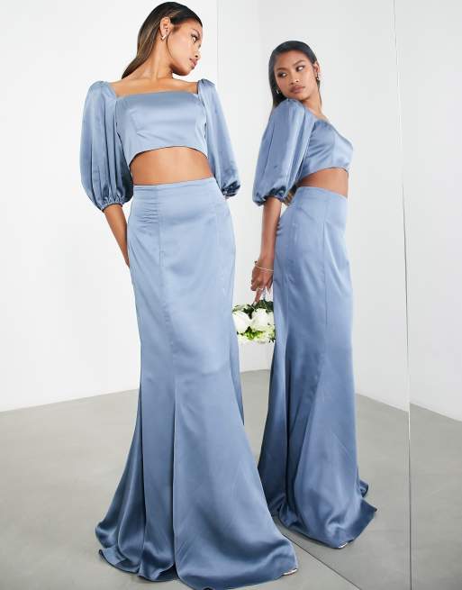 ASOS DESIGN – Brudtärnor – Dimblå crop top i satin med puffärmar, del av set, 4 av 4