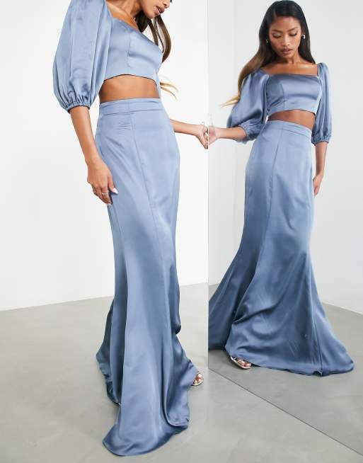 ASOS DESIGN – Brudtärnor – Dimblå maxikjol i satin med fishtail-design, del av set, 4 av 4